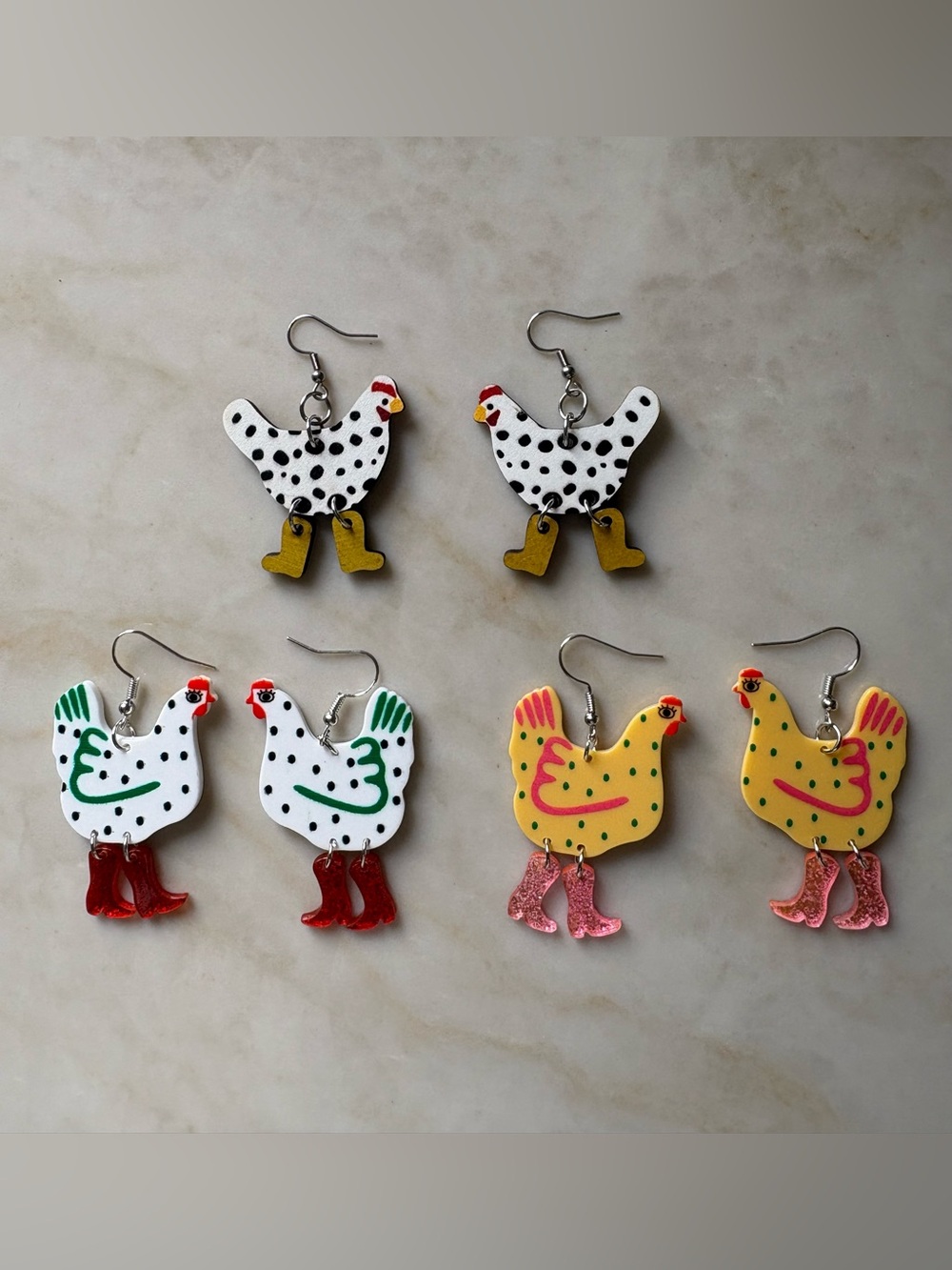 Chicken Dangle Earrings - Yellow, White, Polka Dot